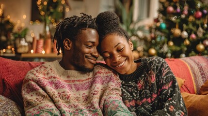young happy couple embracing and relaxing on comfortable couch lovely multiethnic couple sitting on sofa wearing christmas sweater and hugging african woman and affectionate man near christmas tree n