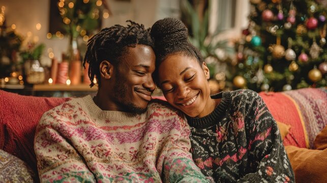 young happy couple embracing and relaxing on comfortable couch lovely multiethnic couple sitting on sofa wearing christmas sweater and hugging african woman and affectionate man near christmas tree n