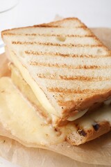 Tasty sandwich with melted cheese on table, closeup