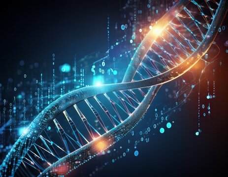 bright dna strand glowing with binary code luminous particles around it on a dark abstract background concept of genetics and data fusion ai generative