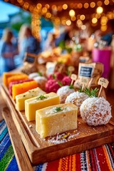 Fototapeta premium Ofertas de quesos frescos y dulces en el mercado rústico al atardecer