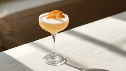 Elegant white peach Bellini served in crystal flute with soft layered hues