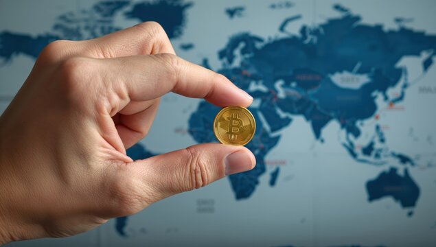Golden bitcoin placed on world trade map under soft natural lighting