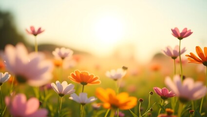 Obraz premium A field of vibrant wildflowers at golden hour. A serene and dreamy natural background with soft sunlight and a blurry bokeh effect. Generative Ai.