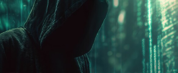 The hooded figure immersed in a digital world of mystery and anonymity.