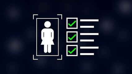female with check mark in boxes on black background.
