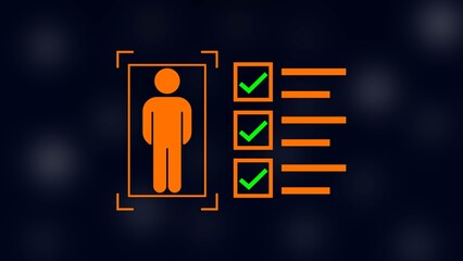 man with check mark in boxes on black background.