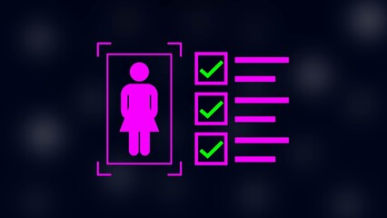 female with check mark in boxes on black background.