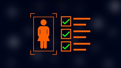 female with check mark in boxes on black background.