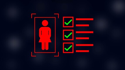 female with check mark in boxes on black background.