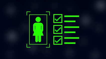 female with check mark in boxes on black background.