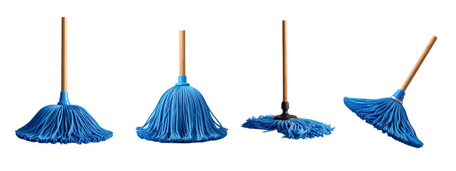 Ser of 4 Blue String Mop with Wooden Handle Standing Upright, Front View, Transparent Background