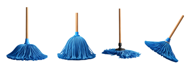 Ser of 4 Blue String Mop with Wooden Handle Standing Upright, Front View, Transparent Background