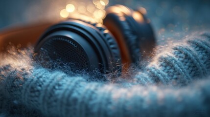 Cozy winter headphones close-up detail