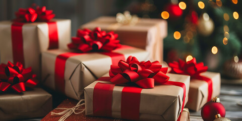 Stacked wrapped gifts with red ribbons and bows near blurred Christmas tree, warm festive cozy joyful holiday atmosphere
