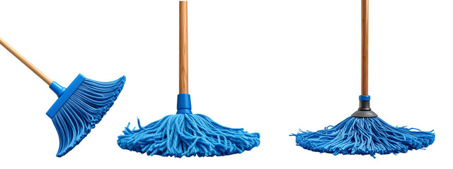 Transparent Background 3 Blue String Mop with Wooden Handle Standing Upright, Front View,