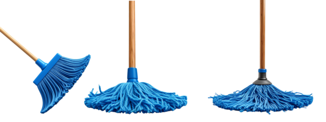 Transparent Background 3 Blue String Mop with Wooden Handle Standing Upright, Front View,