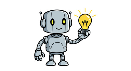 Smiling cartoon robot holding a glowing light bulb, representing a bright idea or innovation.