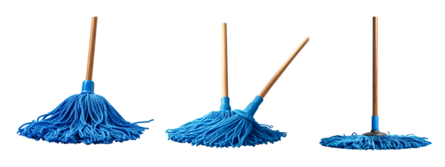 Transparent set of Blue String Mop with Wooden Handle Leaning Diagonally,