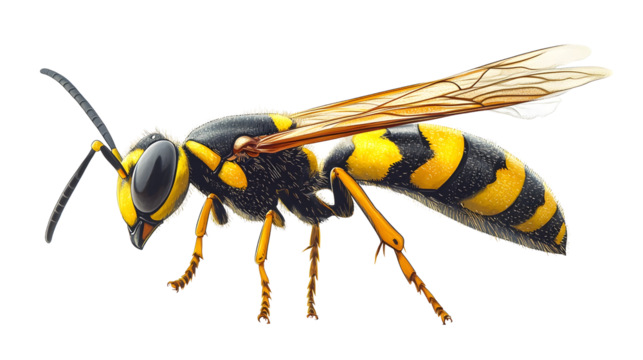 Detailed illustration of yellow and black insect, showcasing its distinct features such as large eyes, segmented body, and transparent wings. This vibrant depiction highlights insect intricate