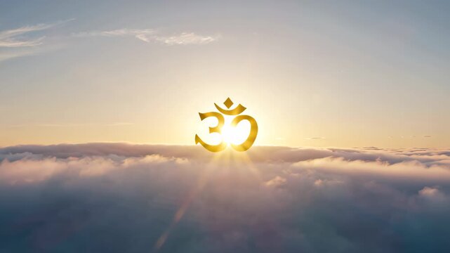 Om symbol rising above cloudscape at sunset. Peace, meditation, and higher awareness