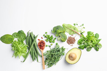 Superfood. Different healthy products on white background, flat lay. Space for text