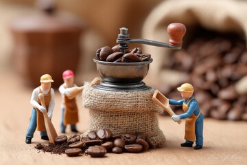 Recreación de la molienda de café con engranajes mecánicos y figuras miniatura en un entorno natural y acogedor