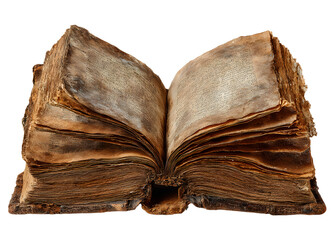 Old open medieval book with worn parchment pages. Isolated on transparent background