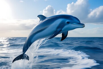 Fototapeta premium Bottlenose dolphin leaping out of the water with clouds in the background