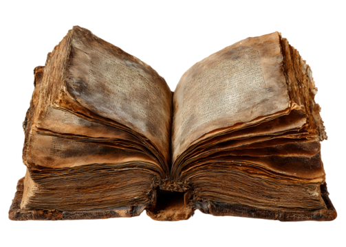 Old open medieval book with worn parchment pages. Isolated on transparent background - Powered by Adobe