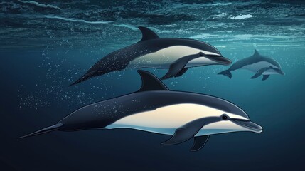 Obraz premium Three dolphins swimming gracefully underwater, showcasing their sleek bodies and natural habitat.