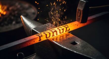 A motivational concept of creation and hard work, with the word "FORGE" glowing on a hot piece of metal on an anvil.