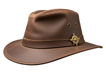 A brown leather hat with a gold compass emblem, showcasing rich texture and meticulous craftsmanship.