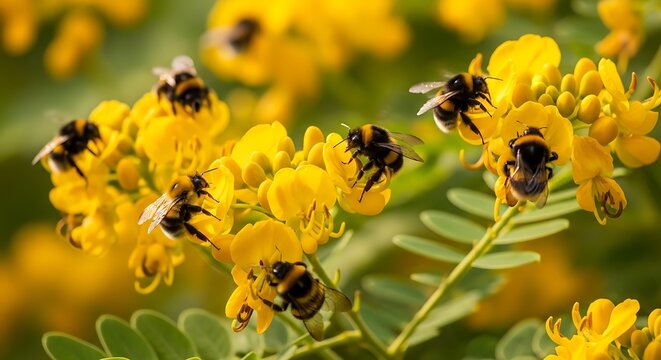 Bumblebees on Yellow Flowers Pollinating.