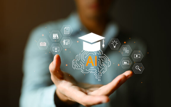 Professional hands holding AI brain circuit with graduation cap surrounded by hexagonal education icons including books, videos and learning tools. Artificial intelligence education technology concept