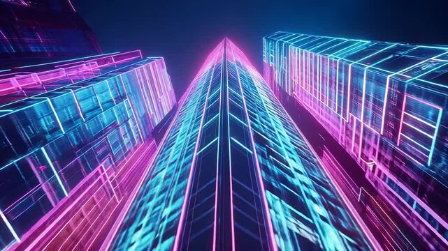 Futuristic buildings rising into the neon lit night sky