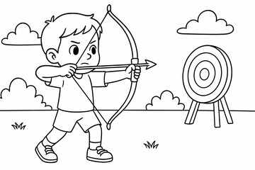 Boy practicing archery, pulling a bow and aiming at a round target outdoors, focused sports coloring page