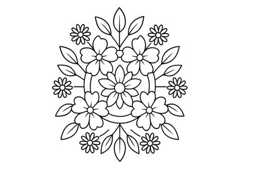 Floral mandala with decorative flowers and leaves, relaxing botanical coloring page design