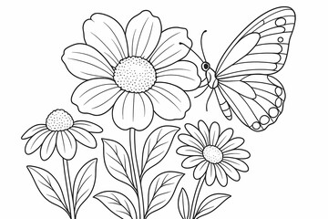 Butterfly flying near blooming flowers, simple floral nature coloring page outline for kids