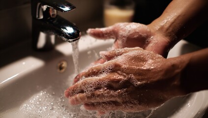 Fototapeta premium Hygiene Concept with Soap Suds on Hands Under Faucet Stream in Contemporary Bathroom Interior