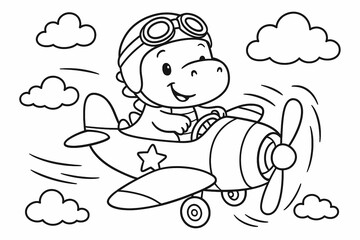 Cute dinosaur flying airplane with propeller in the sky, cartoon fantasy coloring page for kids