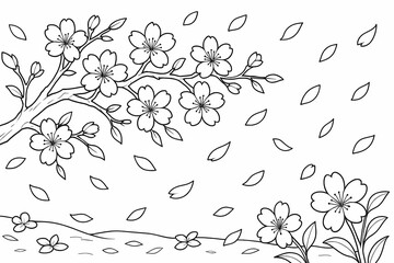 Cherry blossom tree branch with falling petals, spring nature coloring page illustration