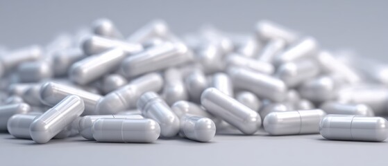 The pile of white capsules representing health and wellness in pharmaceuticals.