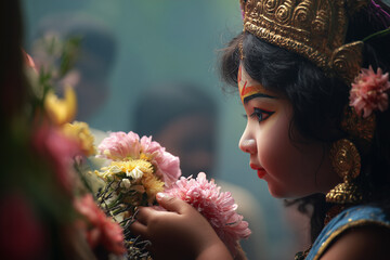 Young child offering flowers to Durga idol during Kanya Puja ritual. 
