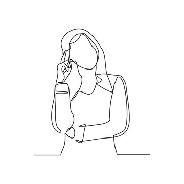recommend clip art: Continuous line drawing of thinking woman. Single line art sketch editable stroke vector illustration of business woman thinking