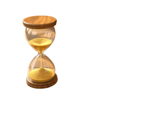 Vintage Hourglass with Autumn Leaves on Wooden Table