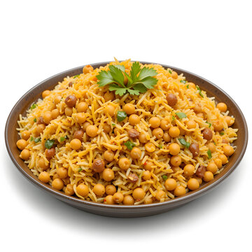 A traditional chickpea biryani, rich in spices and aroma, presented cleanly on a white background
