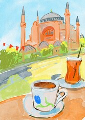 cup of coffee and tea near the Sophia in Turkiye. 