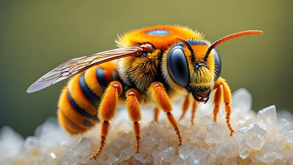 Close up of a bee on white crystals with a blurred green background around it