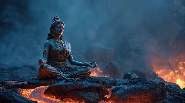 Goddess Parvati in deep meditation seated on a volcanic rock, divine and serene depiction of spiritual focus